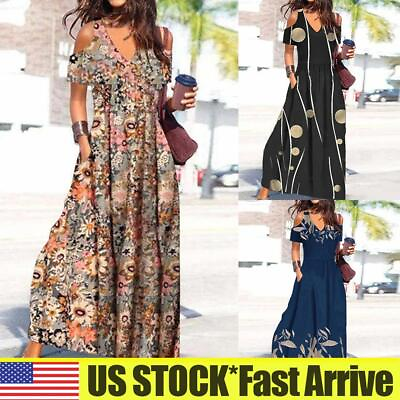 #ad Womens Cold Shoulder Boho Long Maxi Dress Ladies Summer Sundress Holiday Beach $24.69