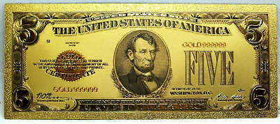 #ad 1928 $5 Gold Certificate Lincoln Novelty 24K Foil Plated Note 6quot; Bill GFN18 $3.95