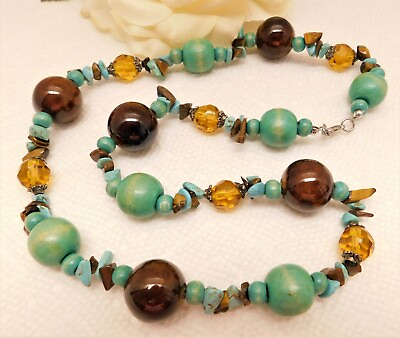 #ad VINTAGE STONE GLASS AND WOOD SOUTHWESTERN NECKLACE 22quot; $14.00