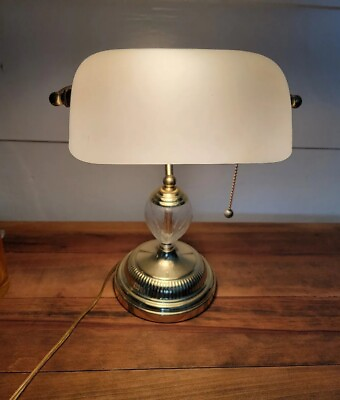 #ad Vintage Bankers Desk Table Lamp Lawyer Detective Brass Glass White $165.00
