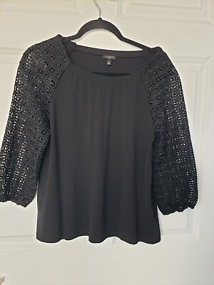 #ad Talbots Lace 3 4 Puff Sleeve Boat Neck Black Blouse Size PM $17.99