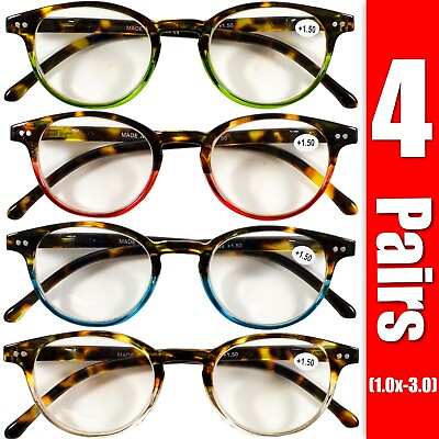 #ad 4 Pairs Mens Women Spring Hinge Round Horn Power Oval Reading Reader Glasses 1 3 $12.49