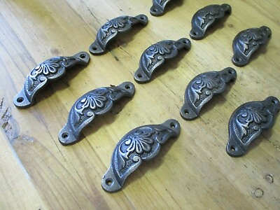 #ad 10 CUP PULLS 4 1 8 WIDE DRAWER VICTORIAN BIN HANDLES ANTIQUE LOOK IRON BEAUTIFUL $25.99