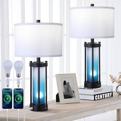 #ad Modern Table Lamps Set of 2 with Night Light Gradient Glass Bedside Table Blue $146.82
