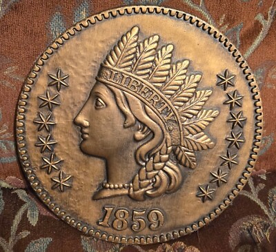#ad Vtg Burwood Plaque 1859 Indian Head Penny Coin Liberty Copper Color 12quot; $40.00
