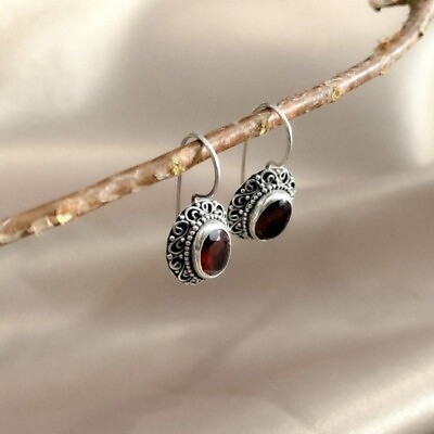 #ad 925 Sterling Silver Natural Oval Garnet Stone Handmade Solid Premium Earrings $13.64
