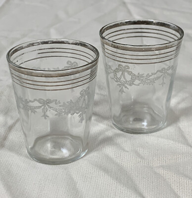 #ad Vintage Pair Frosted Etched SHOT GLASSES w Wreath Bow Silver Rimmed $12.00