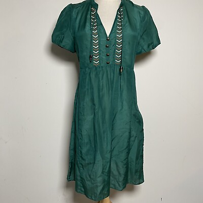 #ad NICE CLAUP Embroidered Asian Dress Tokyo Designer Size Medium Dark Green $19.99