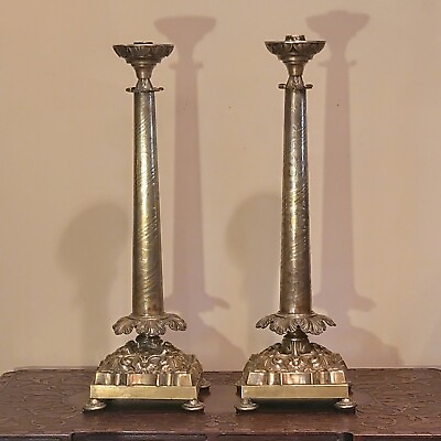 #ad Antique European Engraved Repousse Pair Of Large Brass Footed Candlesticks $795.00