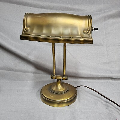 #ad Vintage Art Deco Brass Bankers Desk Table Lamp Scalloped Front Ornate WORKS $199.98