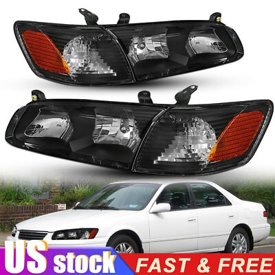 #ad Black Headlights Corner Signal Lamps Fits 2000 2001 Toyota Camry Pair Assembly $81.99