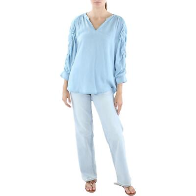 #ad Beach Lunch Lounge Womens Blue V Neck Casual Pullover Top Blouse XS BHFO 6563 $7.99