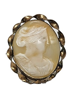 #ad Antique Victorian Era Carved Shell Cameo Brooch Pin C clasp Twist Metal Vintage $19.99