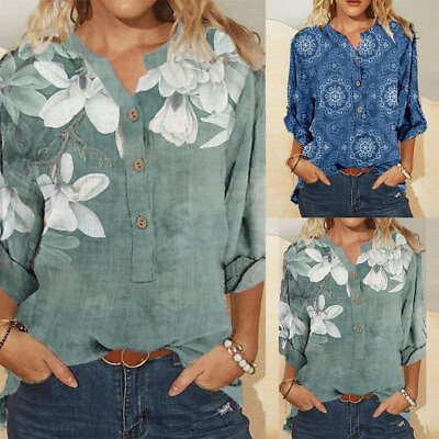 #ad Womens V Neck Floral Printed T Shirt Ladies Casual Button Long Sleeve Blouse Top $14.19