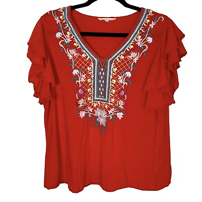 #ad Solitaire 100% Rayon Deep Orange Bohemian Embroidered Top Flowy Sleeves Large $26.99