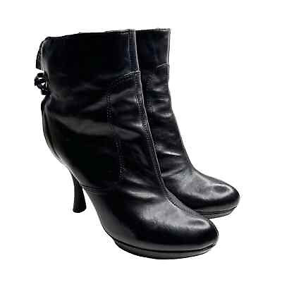 #ad Modern Vintage Leather Lace Up Back Black Platform Bootie Ankle Boots 37 7 $26.99