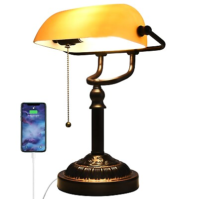 #ad Rustic Desk Lamp Pull Chain Traditional Bankers Desk Lamp with USB Port Vin... $103.88