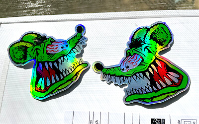 #ad Rat Fink Hot Rod 3 inch holographic Premium decal Sticker 2 Pack Car Window $9.69
