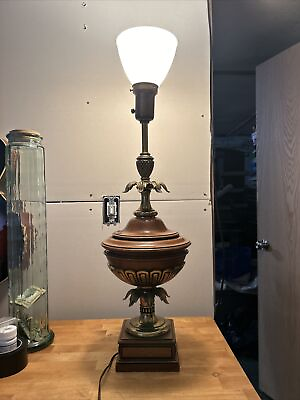 #ad GORGEOUS Vintage Brass Walnut Stiffle Floor Or Desk Lamp Urn Milk Glass Shade $254.15