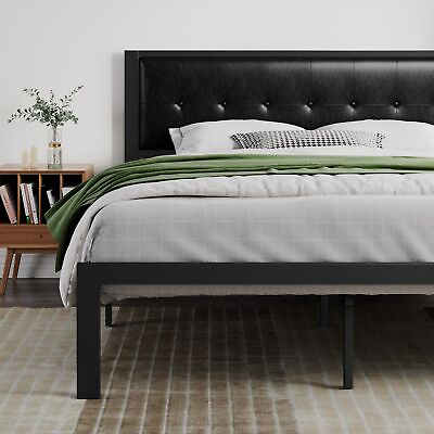 #ad Faux Leather Platform Bed Frame with Metal Slats Button Tufted Square Stitch... $180.91