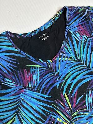 #ad Catherines Plus Size 2X Blue Tropical Palm Leaves V Neck Short Sleeve Shirt $16.99