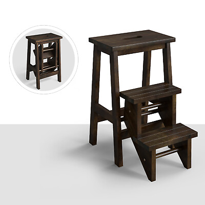 #ad Folding Multi function 3 Tier Step Stool 3 in 1 Ladder 24quot; Storage Shelf Brown $52.99
