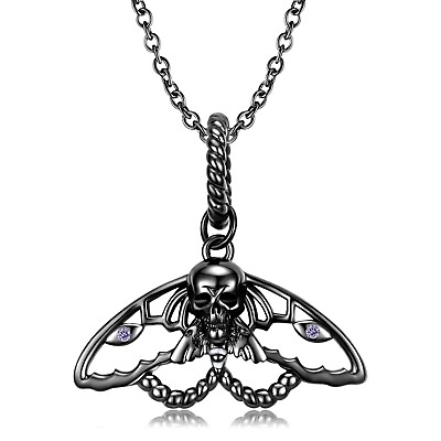#ad 925 Sterling Silver Punk Skull Moth Necklace Pendant Black Gothic Bracelet Charm $13.58