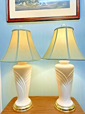 #ad Pair of Vintage Cream Shrouded Urn Ceramic Table Lamps 3 Way Switch $150.00