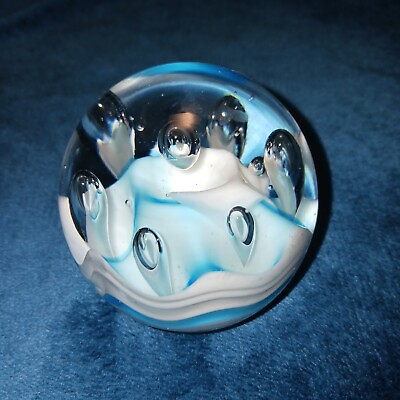 #ad Blue And White Swirl Glass Paperweight Bubbles Waves 🌊 Ocean Art $10.00