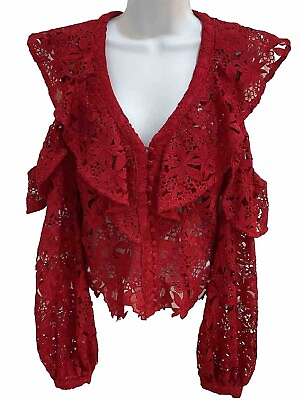 #ad Bardot Womens Red Lace Corset Closure Top Open Shoulder Puff Sleeve Size 4 XS $17.00