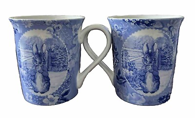#ad Beatrix Potter Peter Rabbit Easter Blue White Toile Ceramic Mug Lot of 2 $29.99
