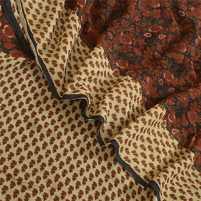 #ad Sanskriti Vintage Sarees Black Brown Pure Georgette Silk Printed Sari 5Yd Fabric $32.85