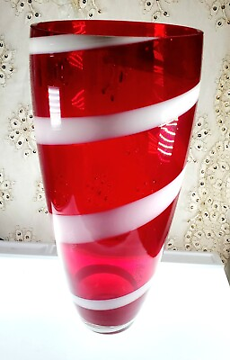 #ad Large Vintage Red White Swirl Decorative 13.25quot;H x 6quot;D Art Glass Vase $28.95