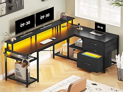 #ad Gaming Desk with LED Lights Home Office Desk with File Drawer amp; Storage Shelves $158.99