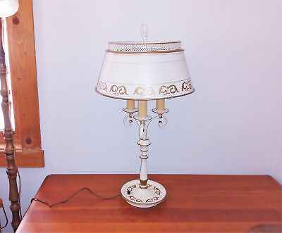 #ad Vintage Ivory and Gold Toleware Tole Painted Tin Bouillotte Electric Table Lamp $185.00