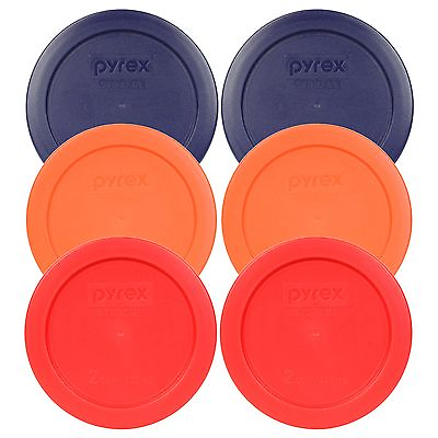 #ad Pyrex 7200 PC 2 Cup 2 Blue 2 Orange 2 Red Round Plastic Lids 6PK New $15.99
