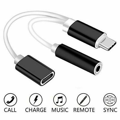 #ad USB Type C To 3.5mm Aux Audio Charging Adapter Splitter Headphone Jack Black $2.44
