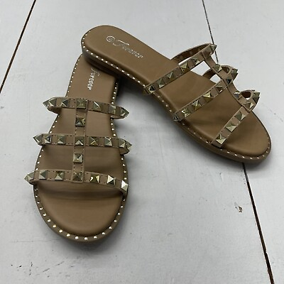 #ad Forever Tan Beige Gold Studded Sandals Slip On Strappy Womens Size 8.5 NEW $20.00
