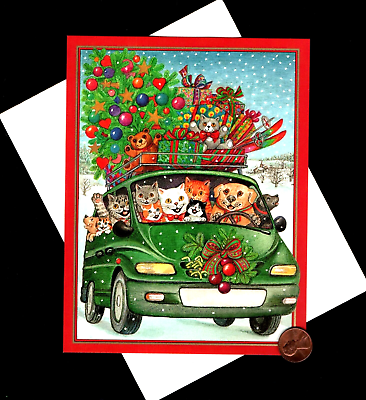 #ad HTF CASPARI Christmas Dogs Cats Teddy Bear Van Tree Greeting Card W TRACKING $5.95