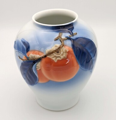 #ad Vintage 1963 Fukagawa Porcelain Vase Hand Painted Persimmon Blue Leaves 6.25quot; $95.70