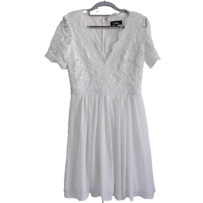#ad Lulus Angel in Disguise White Lace Skater Dress Sz S Lined Style 24945 V Neck $26.00