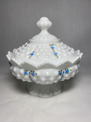 #ad FENTON Art Glass BLUEBELLS MILK HOBNAIL CANDY DISH amp; LID Rare Blue Bells 7” $52.70