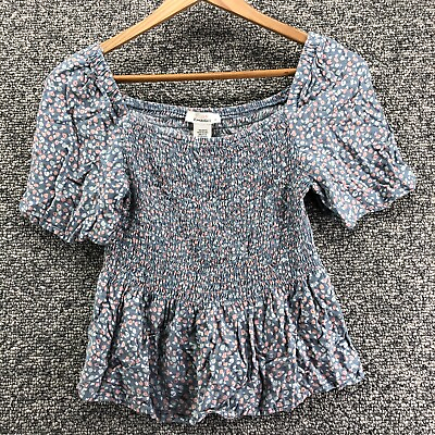 #ad Urban Romantic Smocked Ruffle Top Blouse Floral Gray Juniors Sz S Stretch Short $7.99