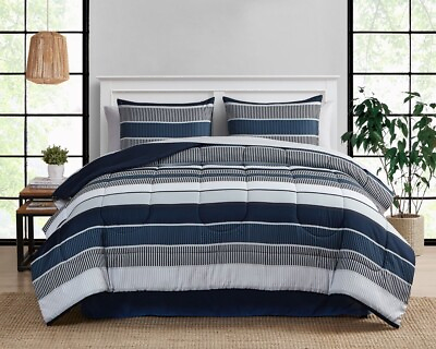 #ad Blue Stripe 8 Piece Bed in a Bag Comforter Set With Sheets $32.51