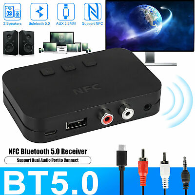 #ad 2in1 NFC Bluetooth 5.0 Receiver Wireless AUX 3.5mm to 2 RCA Audio Stereo Adapter $15.61