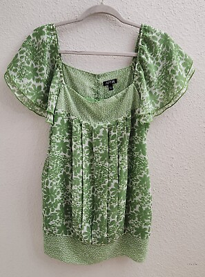 #ad Apt.9 Green Square Neck Pleated Pullover Flared Short Sleeve Blouse Top size L $15.99