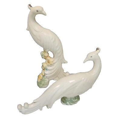 #ad Vintage Pair Mid Century Modern Peacock Figurines Pottery Painted 13quot; amp; 7quot; $57.77