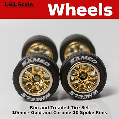 #ad 10 10mm Gold Chrome 10 Spoke Lettered Treaded rubber tire set. for Hot Wheels $3.89