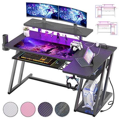 #ad 47#x27;#x27; L Shaped Gaming Desk Computer Table with Monitor Stand LED Lights ＆ Outlets $129.99
