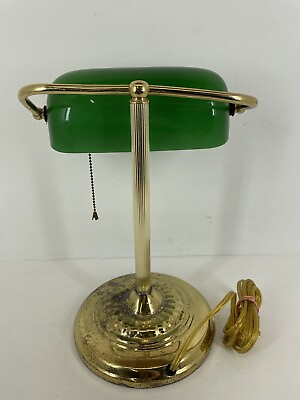 #ad Vtg▪︎ 15quot; High▪︎BRASS BANKERS Desk Piano LAMP Emerald GREEN GLASS Shade $39.00